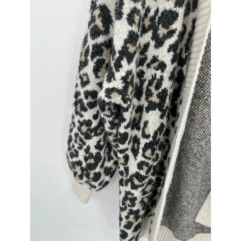 LOFT Leopard Print Cardigan Sweater S Cream Open Front Cozy Knit Preppy Chunky - Picture 5 of 9